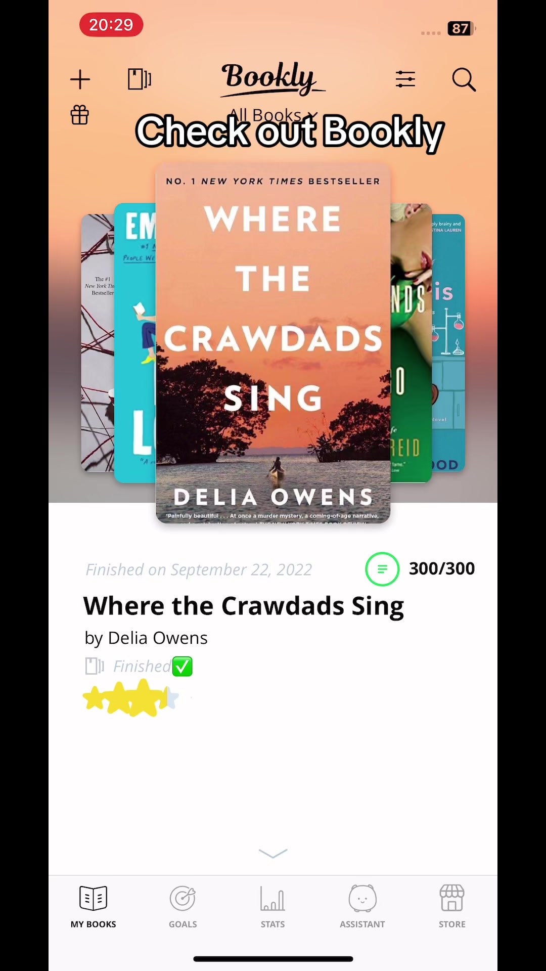 Check out Bookly WHERE THE CRAWDADS SING DELIA OWENS Finished on September 22, 2022 Where the Crawdads Sing by Delia Owens Finished 🌟🌟🌟🌟