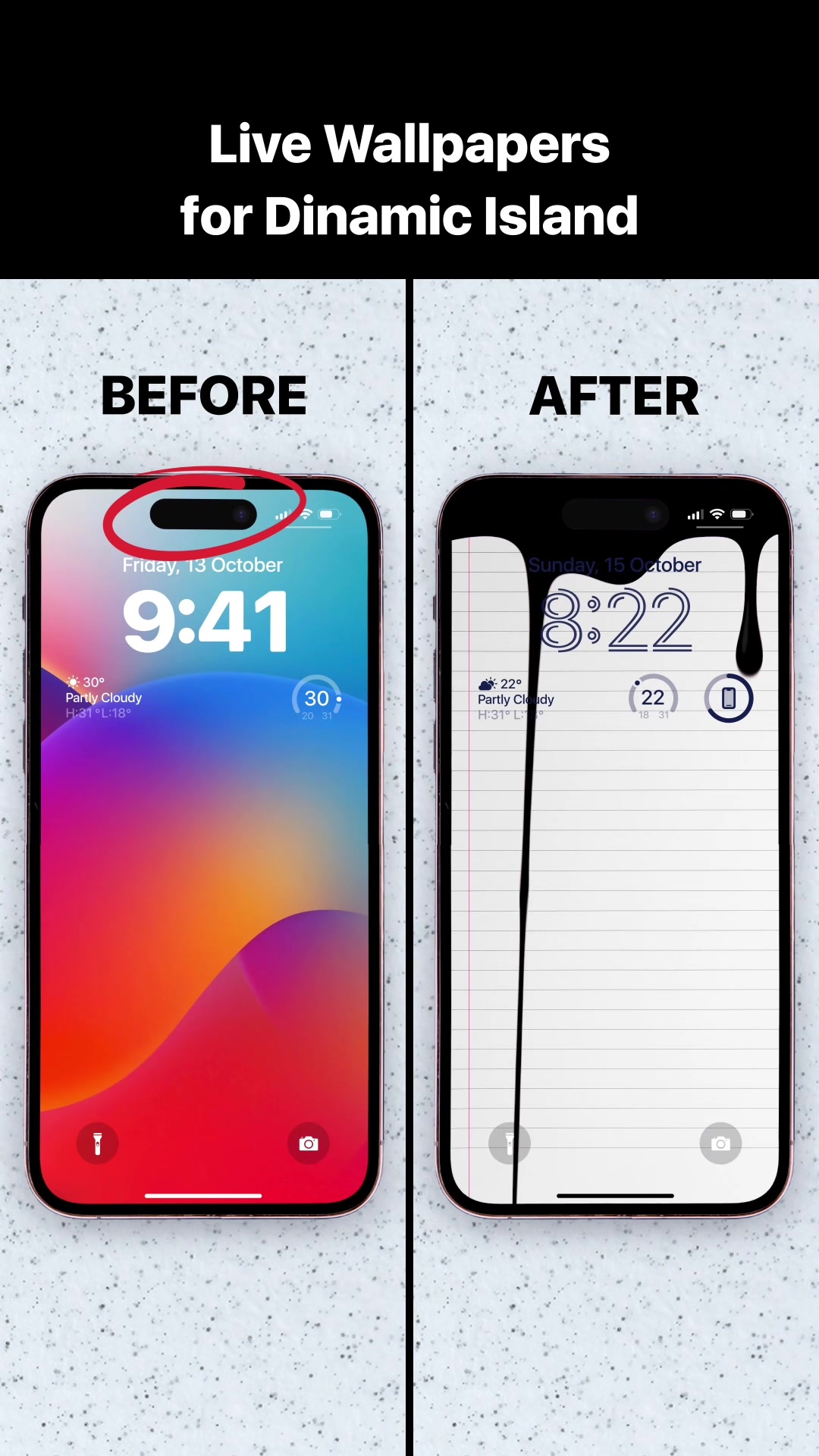 Live Wallpapers for Dinamic Island BEFORE AFTER