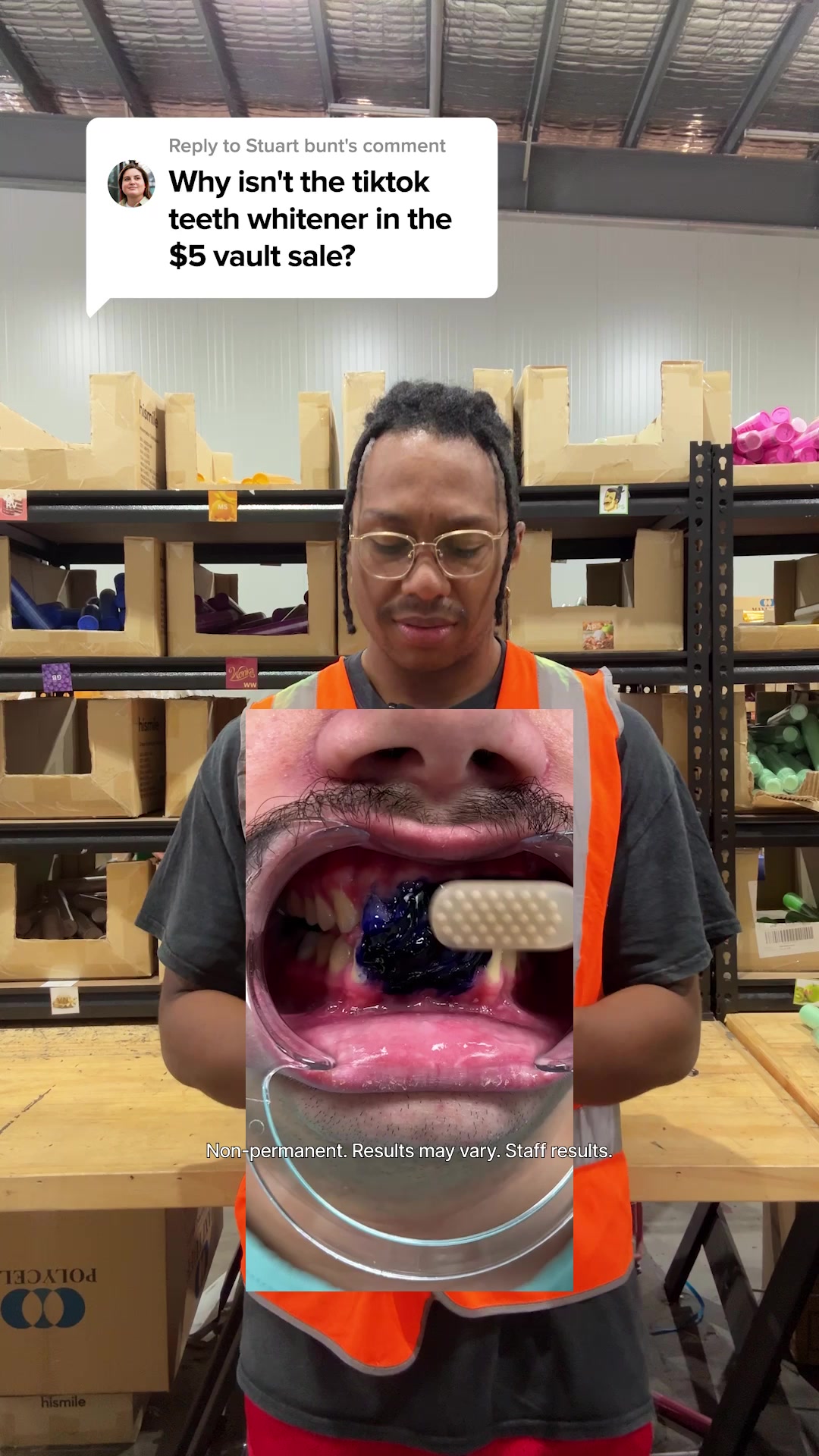 Reply to Stuart bunt's comment Why isn't the tiktok teeth whitener in the $5 vault sale? Non-permanent. Results may vary. Staff results.
