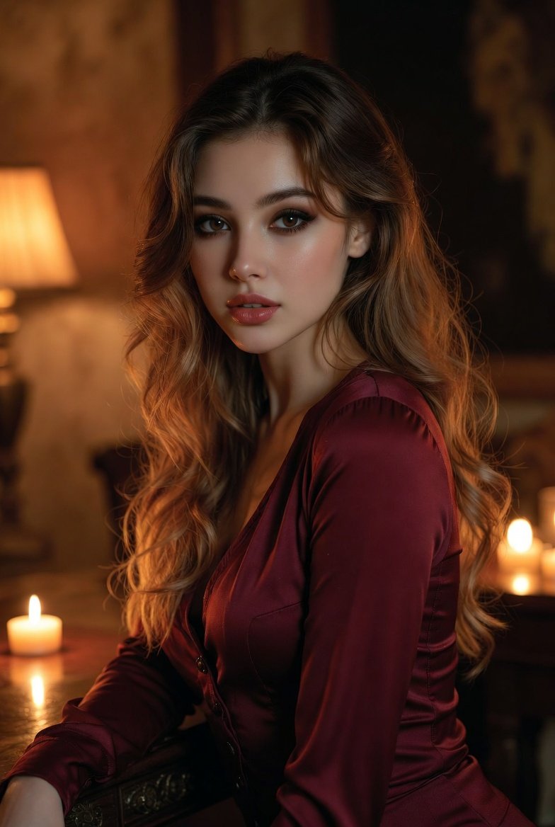A high-quality portrait photograph shows a beautiful woman with long, wavy brown