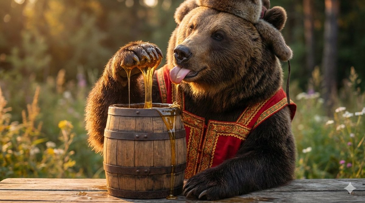 A large brown bear dressed in intricate traditional Russian