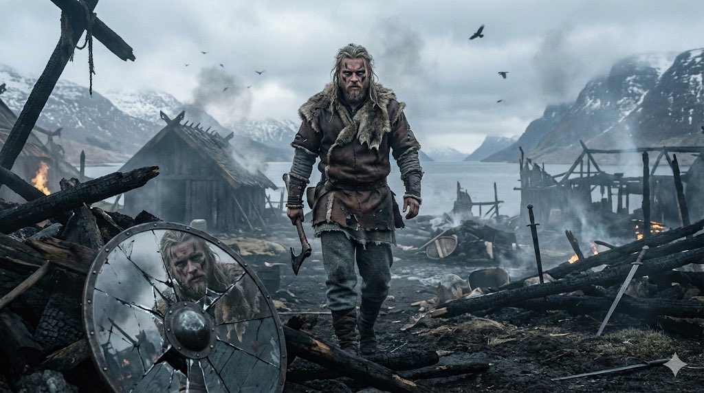 A lone Viking survivor trekking through a burned Viking vill