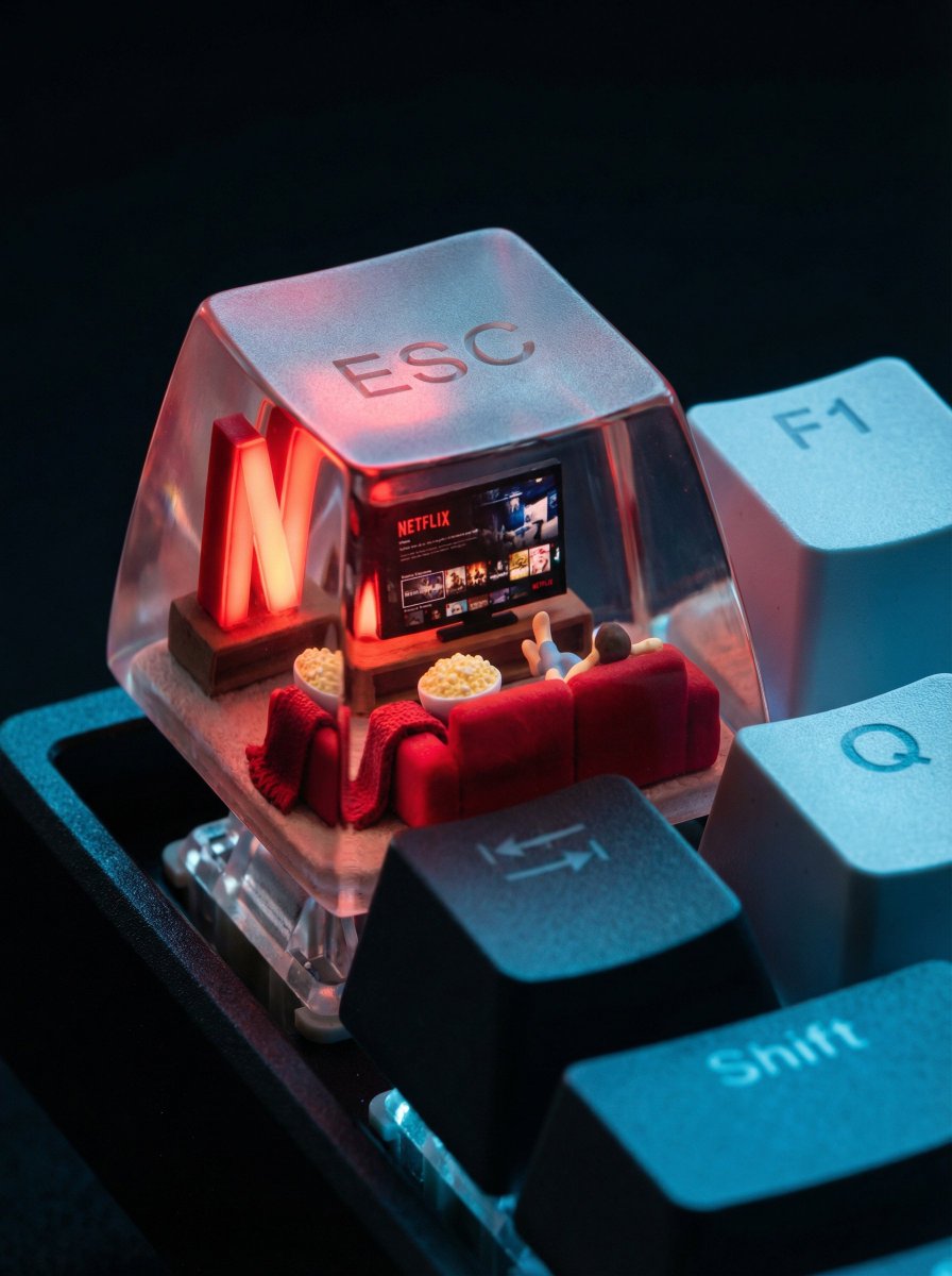 A photorealistic ESC keycap scene shows a miniature cozy living room setup.