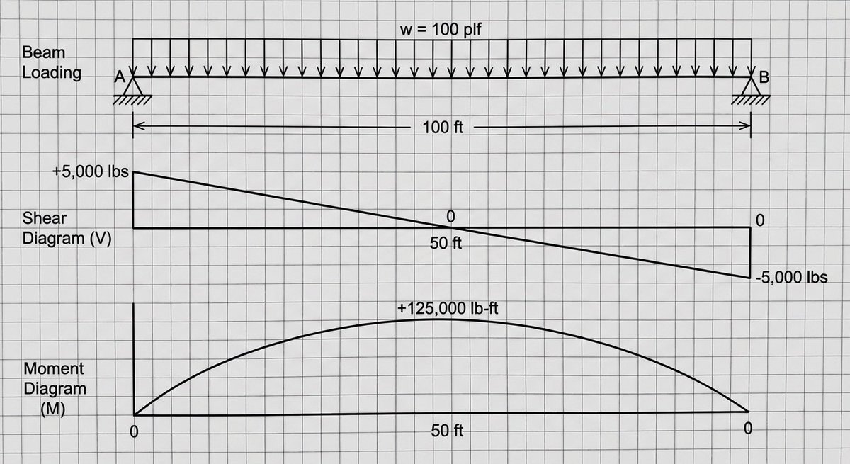 A shear and moment diagram for a simply supported beam with
