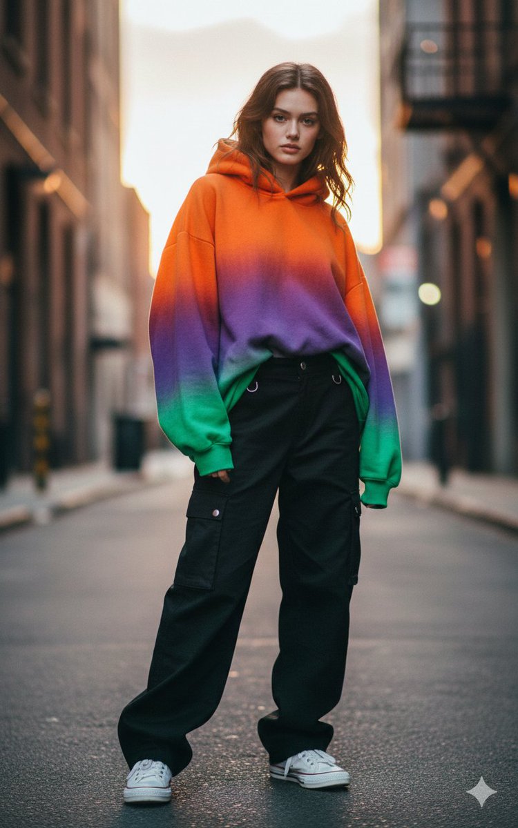 A stylish urban fashion photograph showcasing a modern outfit with an oversized