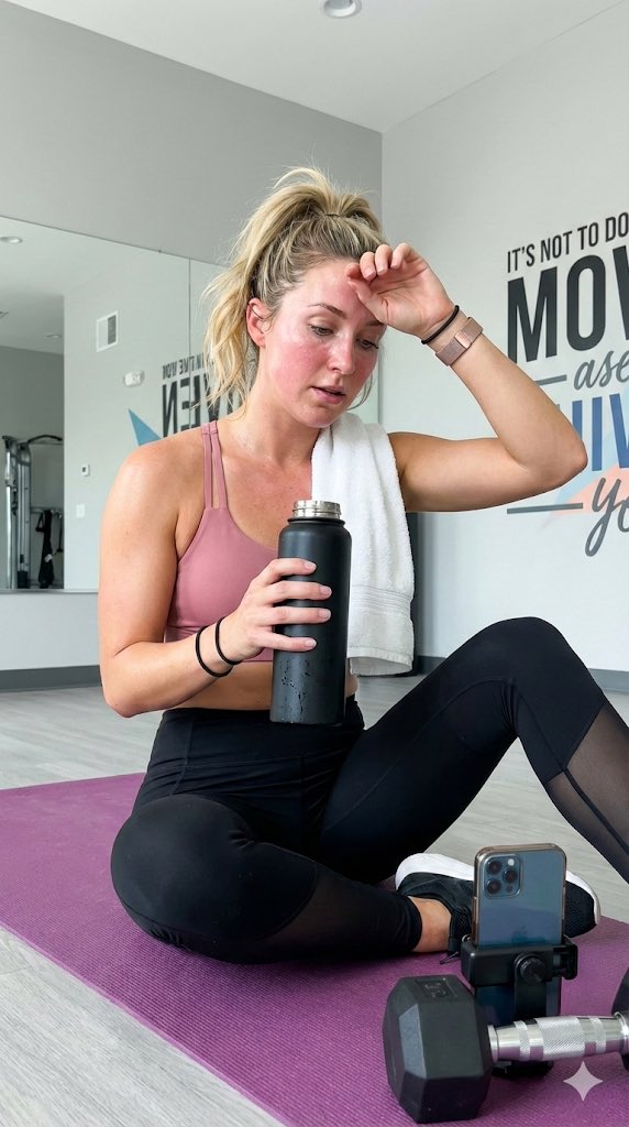 A young woman sitting on yoga mat, wiping sweat with towel,