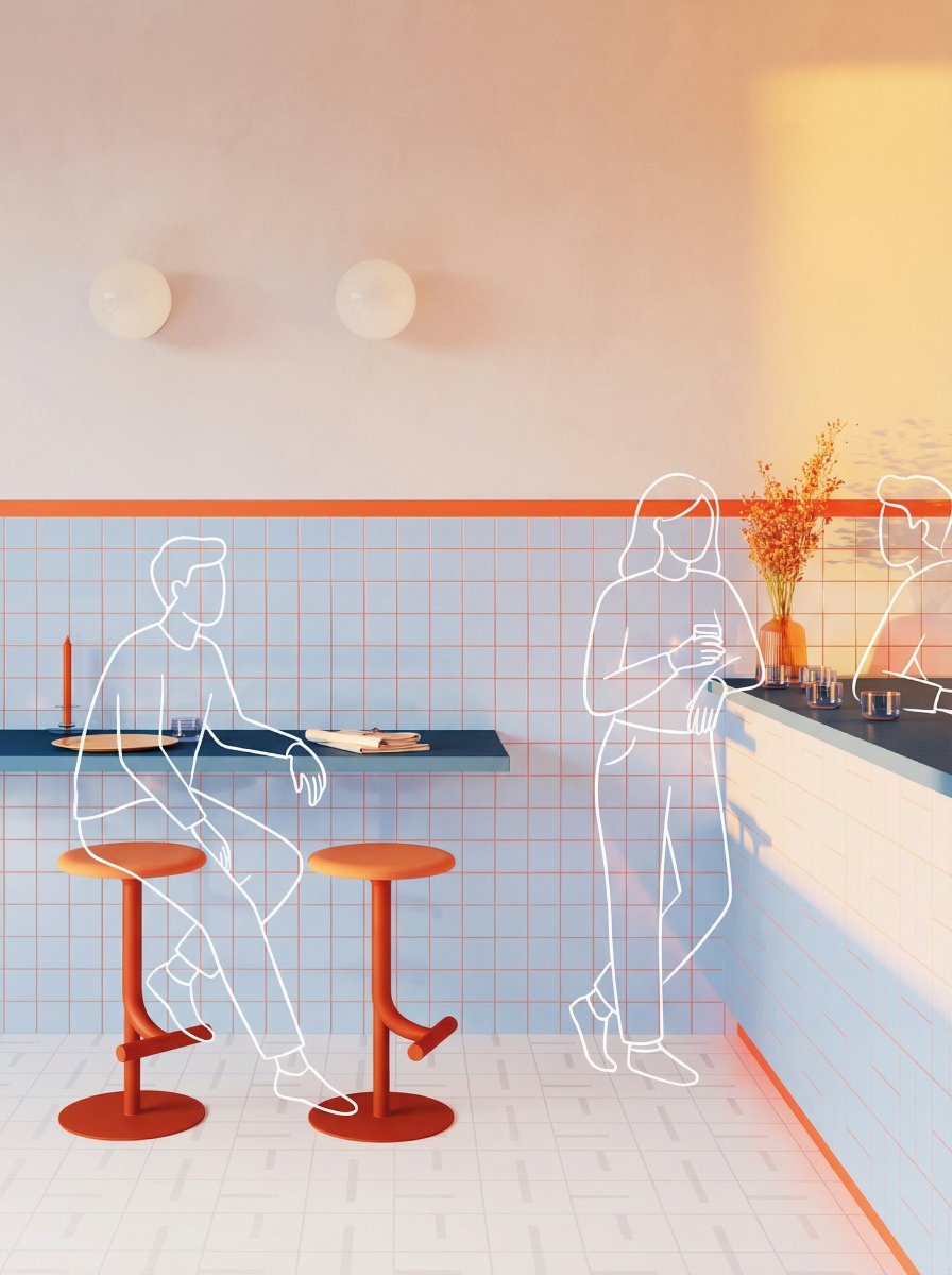 Add clean, minimal white line-drawing illustrations of people into this photo.