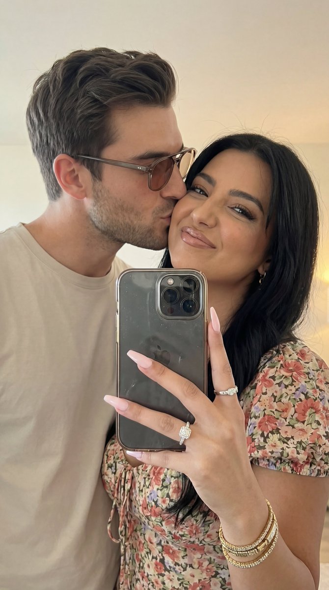 Affectionate Couple Portrait with Engagement Ring Selfie