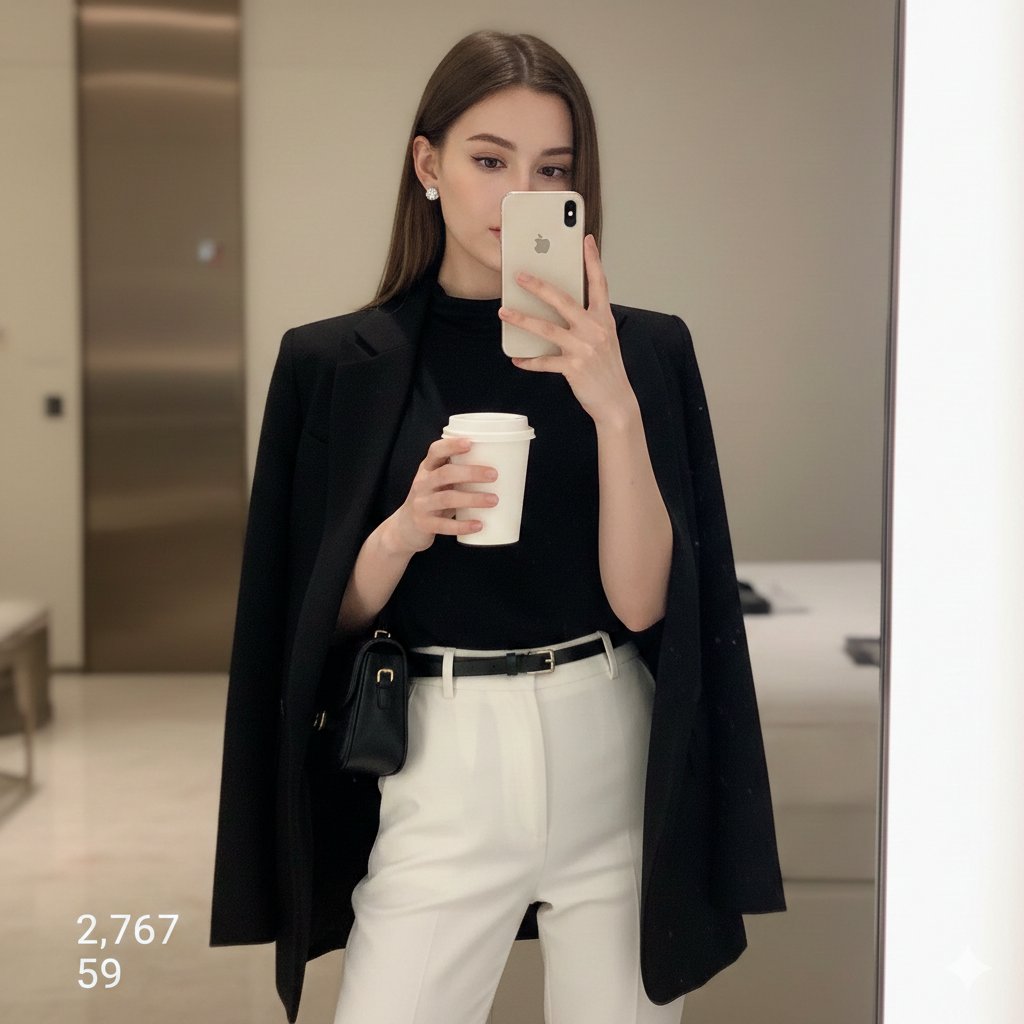 An ultrarealistic 8K HD cinematic photo of a young woman taking a mirror selfie
