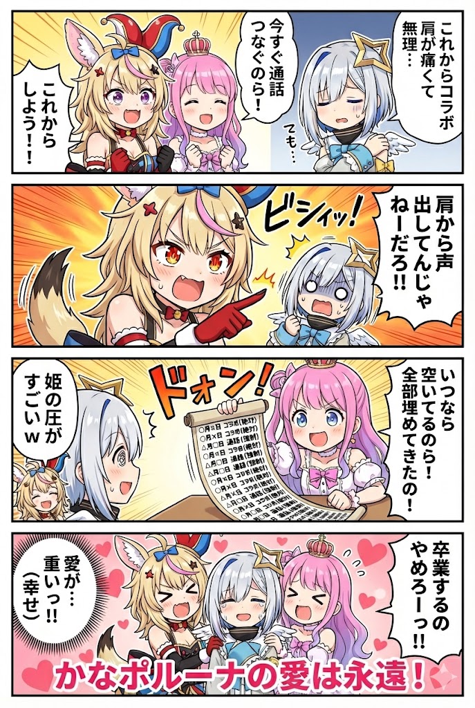 Cheerful Anime VTuber Comic Strip: Polka, Luna, Kanata