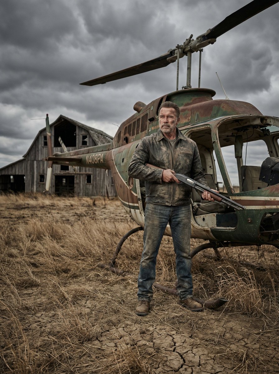 Cinematic full-body portrait of a rugged man holding a shotgun, standing beside