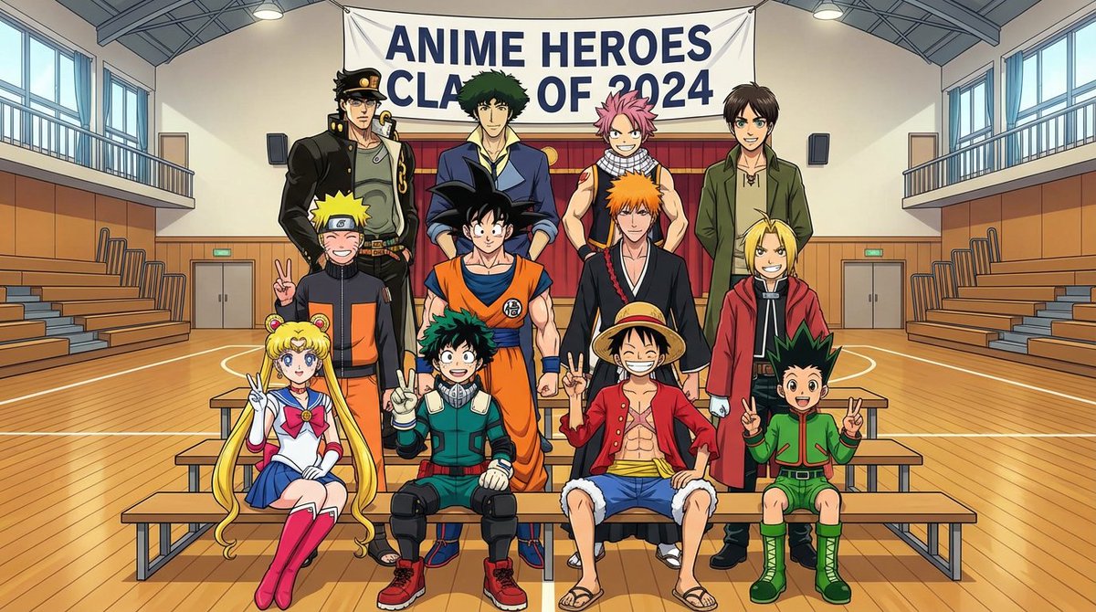 Class photo featuring famous manga characters such as Goku,