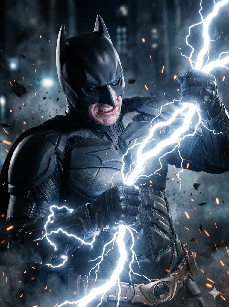 Close-up, medium shot captures a man dressed as Batman