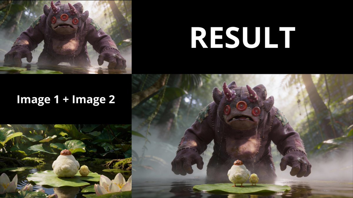 Comic / Storyboard - 3D Animated Scene of Chicks and a Monster on Lily Pads