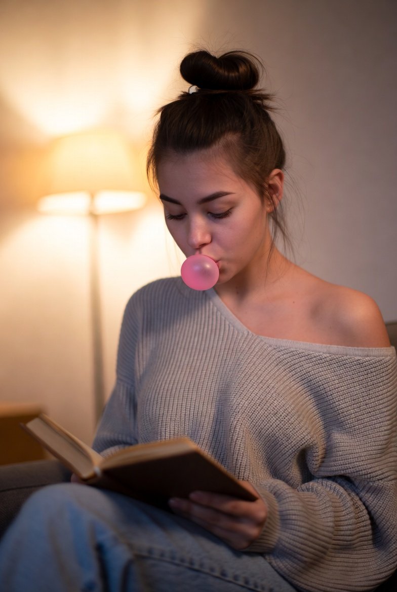 Cozy indoor portrait of a young woman sitting on a sofa
