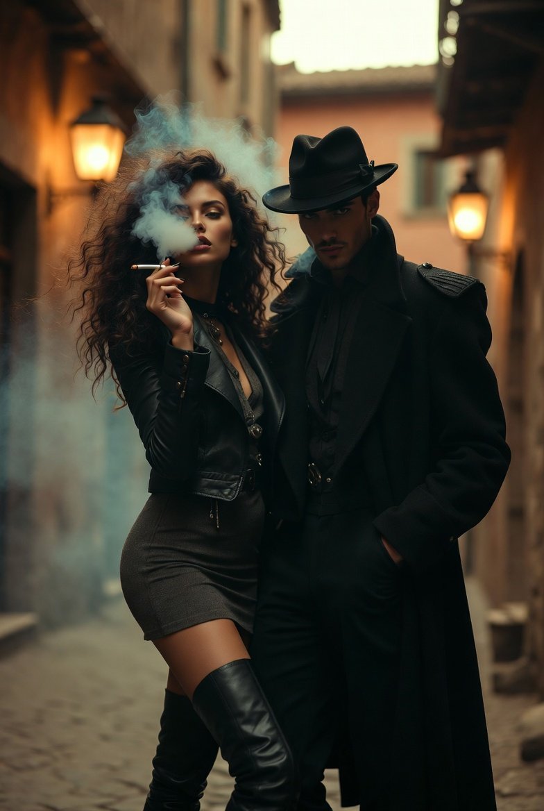 Create a cinematic vintage-romantic portrait featuring a sty