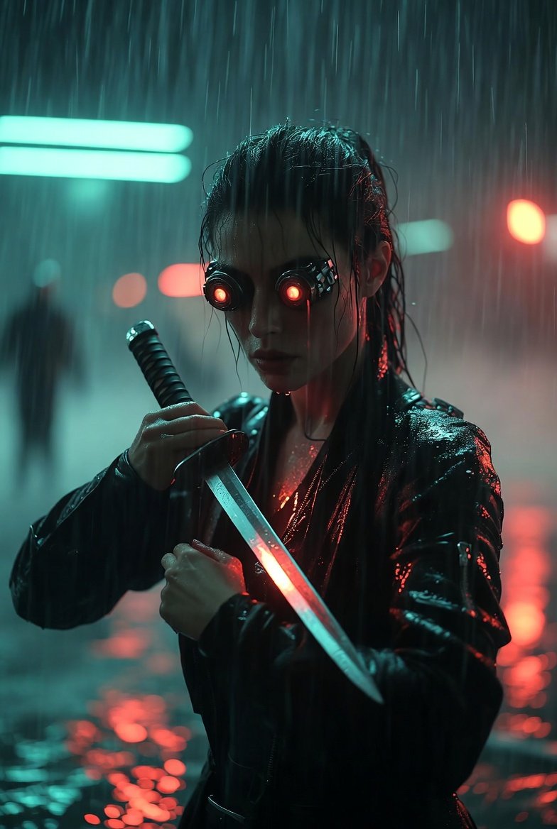Cyberpunk female assassin stands in the pouring rain
