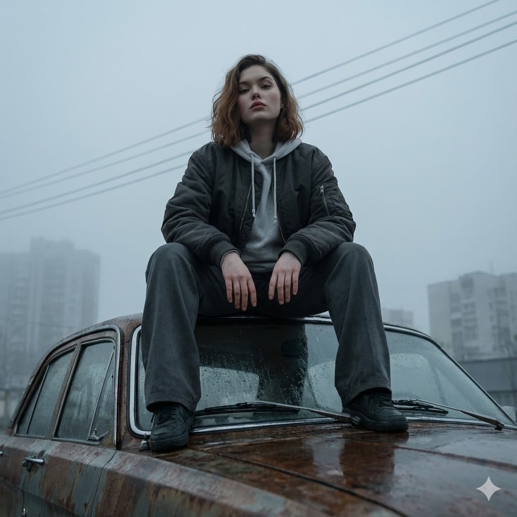 Description": "A low-angle, full-body cinematic portrait.",