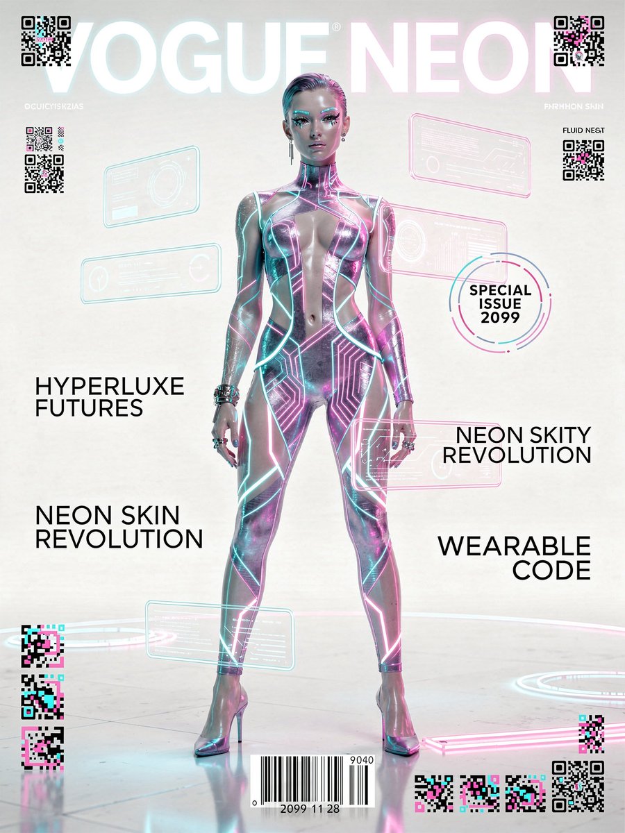 Design a high-fashion magazine cover from the year 2099 titled "VOGUE NEON".