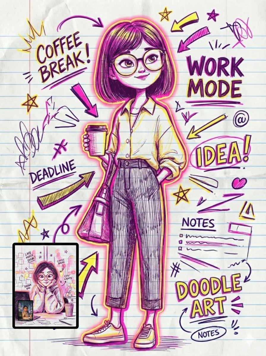 Doodle Art Work Mode: Young Woman Illustration, Coffee Break