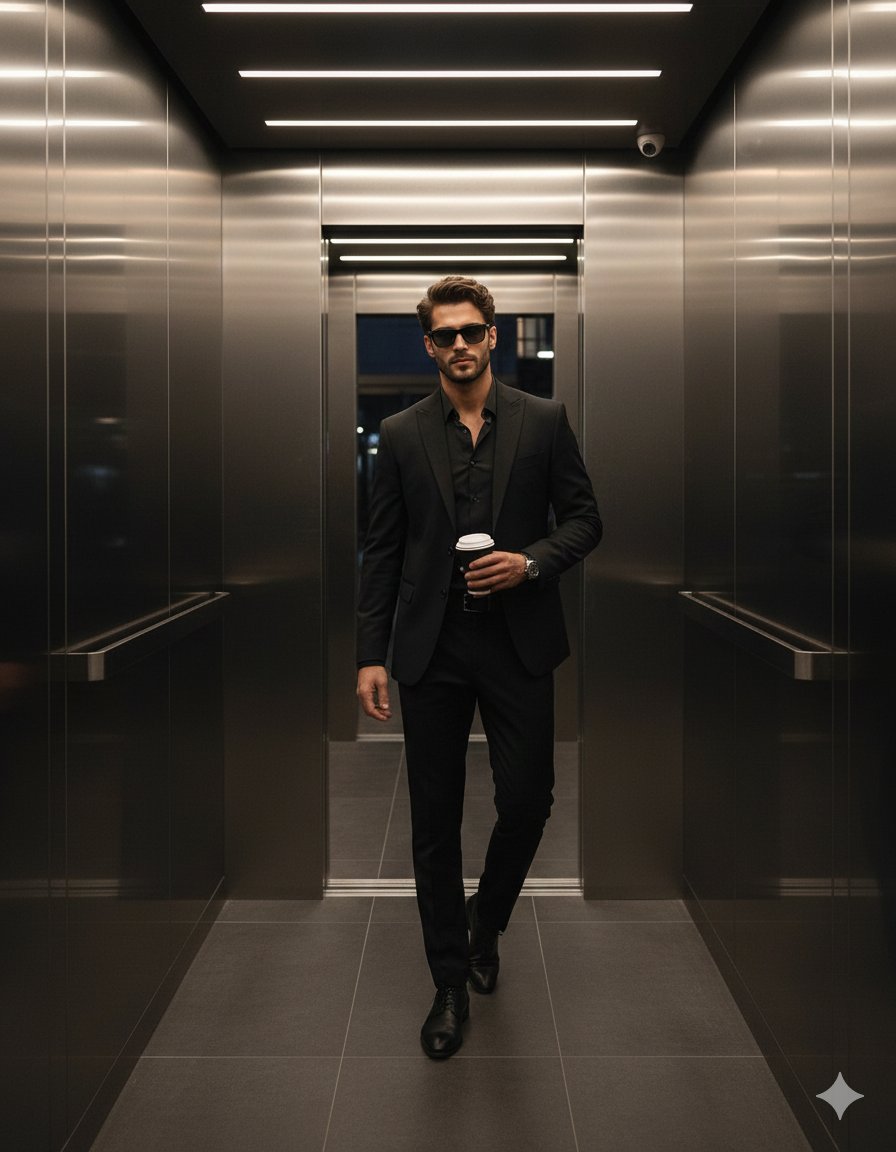 Edit the photo to be standing casually in a modern style elevator with reflectiv