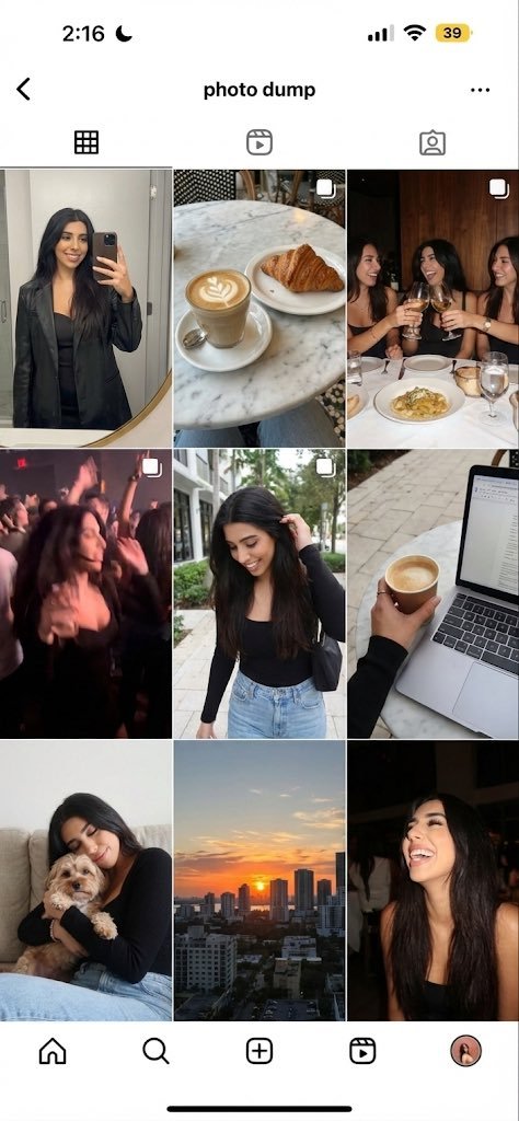 Generate a 9-image ‘photo dump’ grid of this person’s weekend: a mirror selfie,