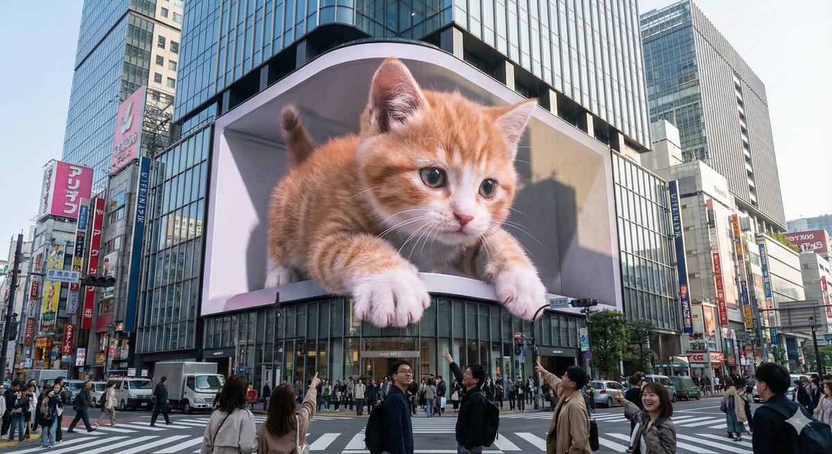 Giant 3D Kitten Billboard in Tokyo Cityscape - Shibuya