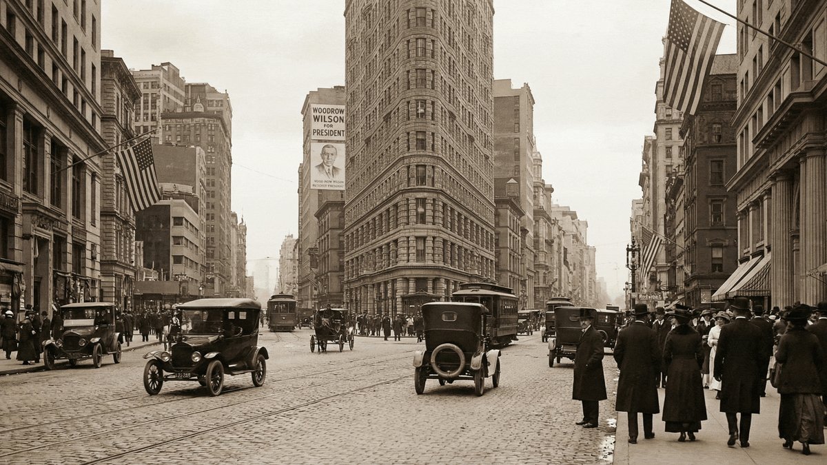 Historic NYC Flatiron Building & 1910s Cars - Woodrow Wilson