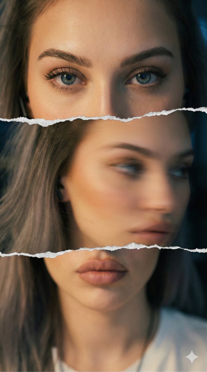 Image_Descriptiontypefragmented Triptych Portrait,Compositionlayoutthree Horizontal Strips,Alignmentimperfectly Aligned,Facial_Featurestop_Stripfocussharp,Featur