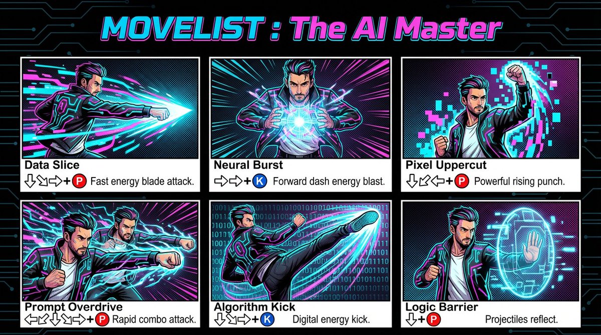 Infographic for a fighting game showing the complete moveset
