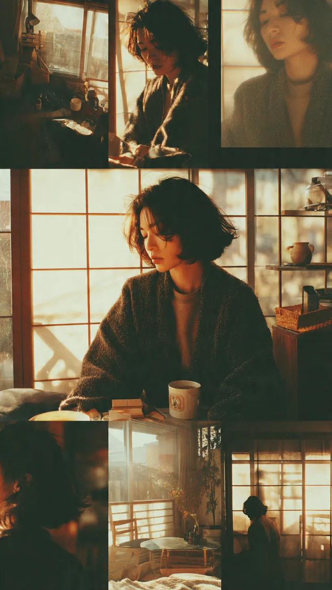Japanese photo collage, young woman in cozy living room, morning sunlight, shoji