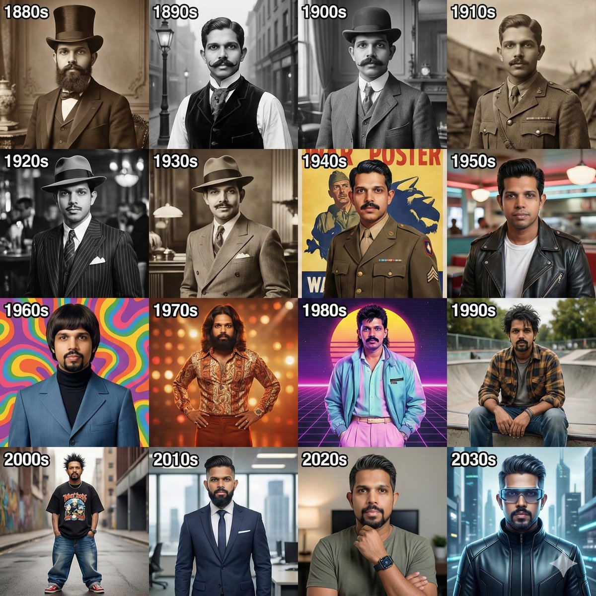 Make a 4×4 grid starting with the 1880s.