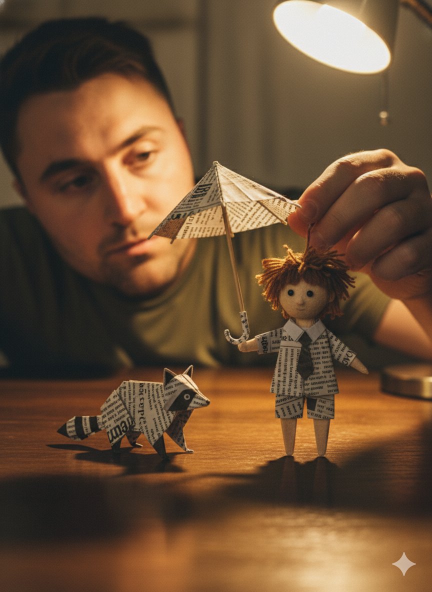 Man with Handcrafted Paper Art: Origami & Miniature Doll