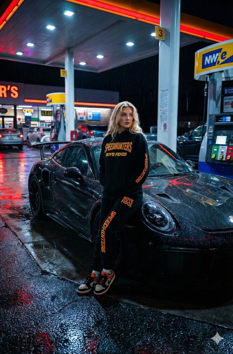 Moody Urban Fashion: Woman & Porsche at Night Gas Station