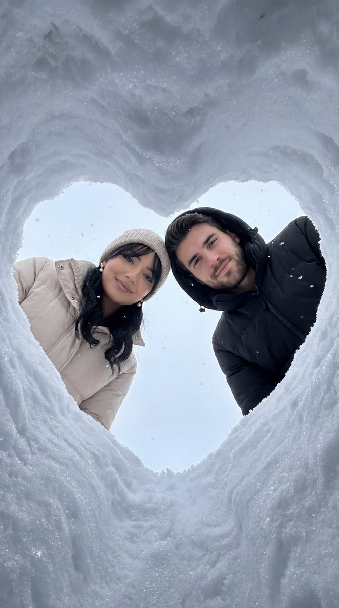 Romantic Couple Winter Portrait in Snow Heart Shape