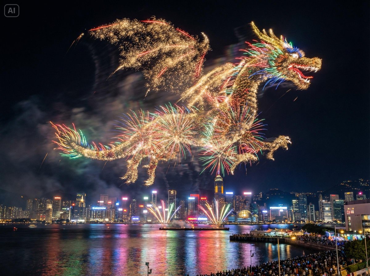 Spectacular Dragon Fireworks over Vibrant City Skyline