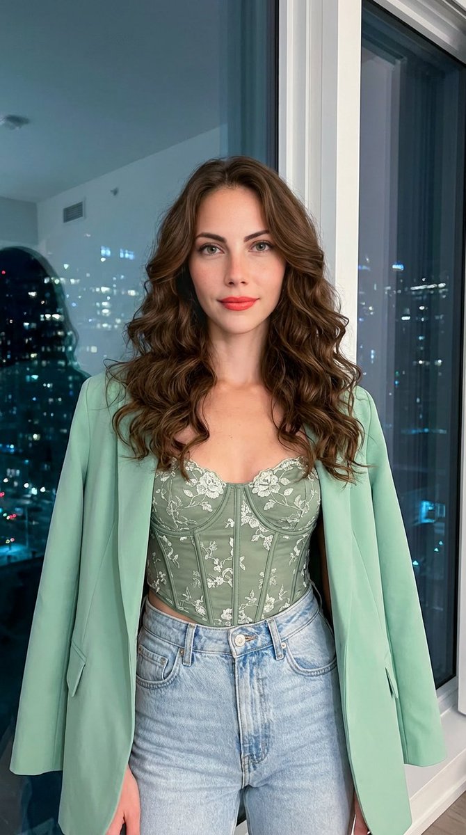 Stylish Woman in Green Corset, Blazer & Jeans Outfit