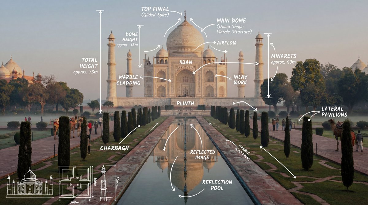 Taj Mahal Architecture & Gardens: Serene Reflection Pool View