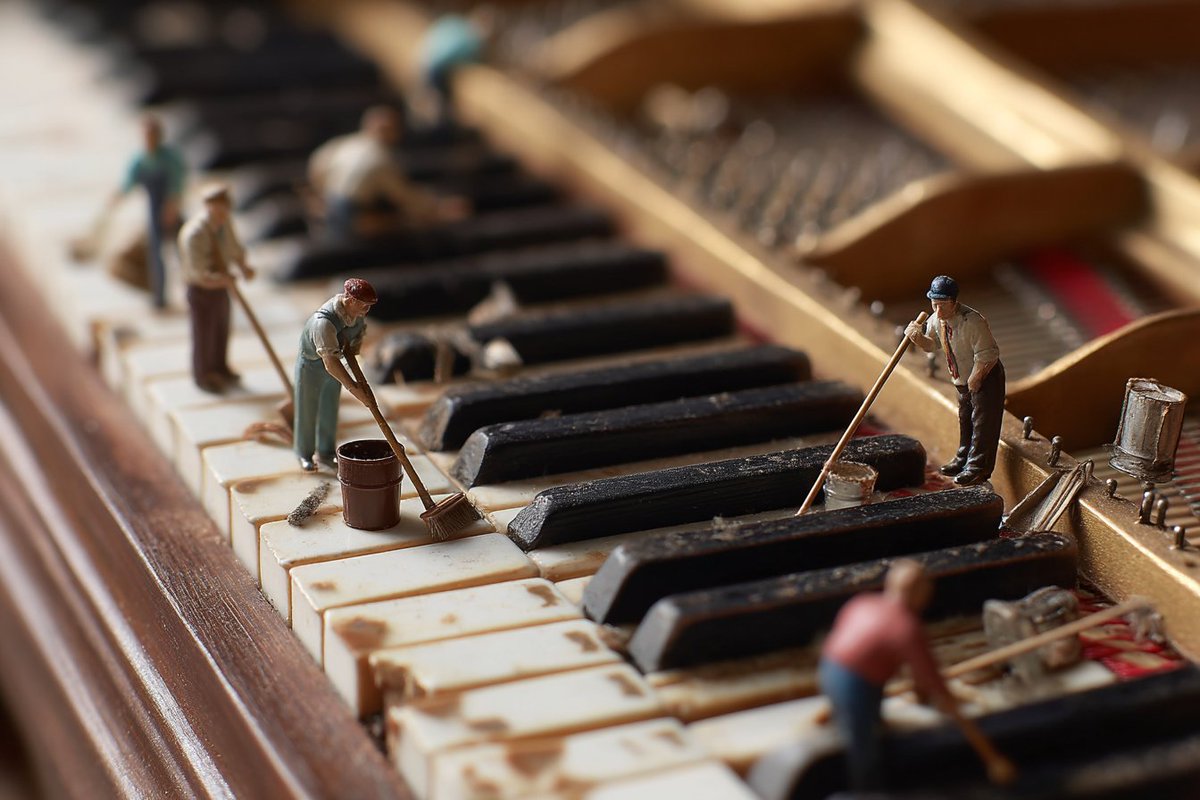 Tilt-shift photo of a grand piano keyboard