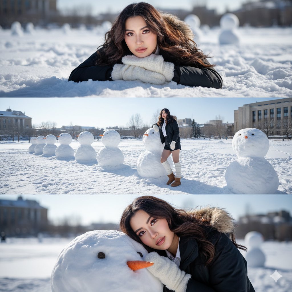 Winter Portrait: Woman & Snowmen in Sunny Snowy Landscape
