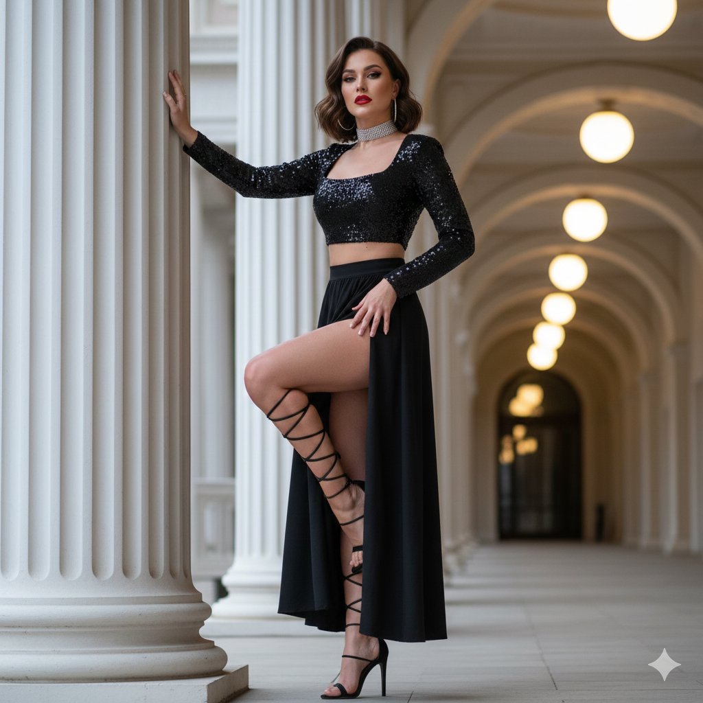 Woman posing confidently against a pillar