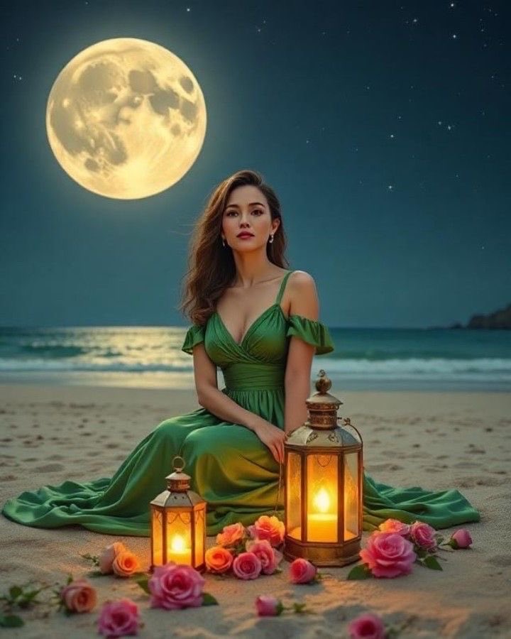Woman sitting gracefully on a moonlit beach