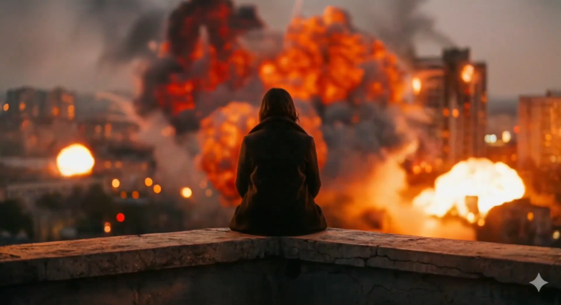 Calm Amid Chaos: A Woman's Poise in a Devastated City