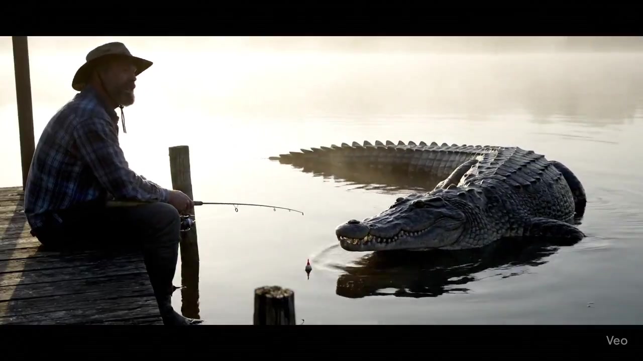 Harmony at Dawn: Fisherman and Crocodile