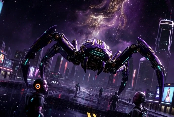 Mechanical Spider Drone: A Neon Noir Vision