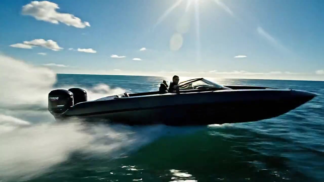 Thunder roars as a black speedboat slices through turquoise waves